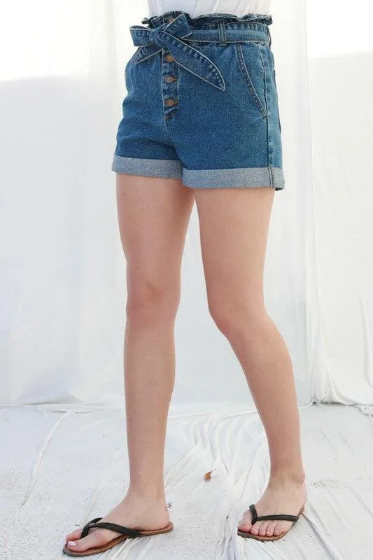 Paper Bag Waist Belted Denim Shorts