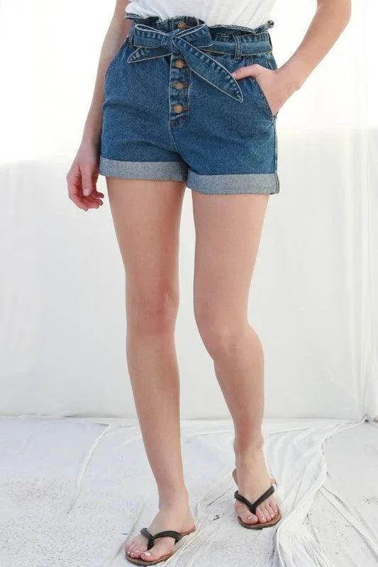 Paper Bag Waist Belted Denim Shorts