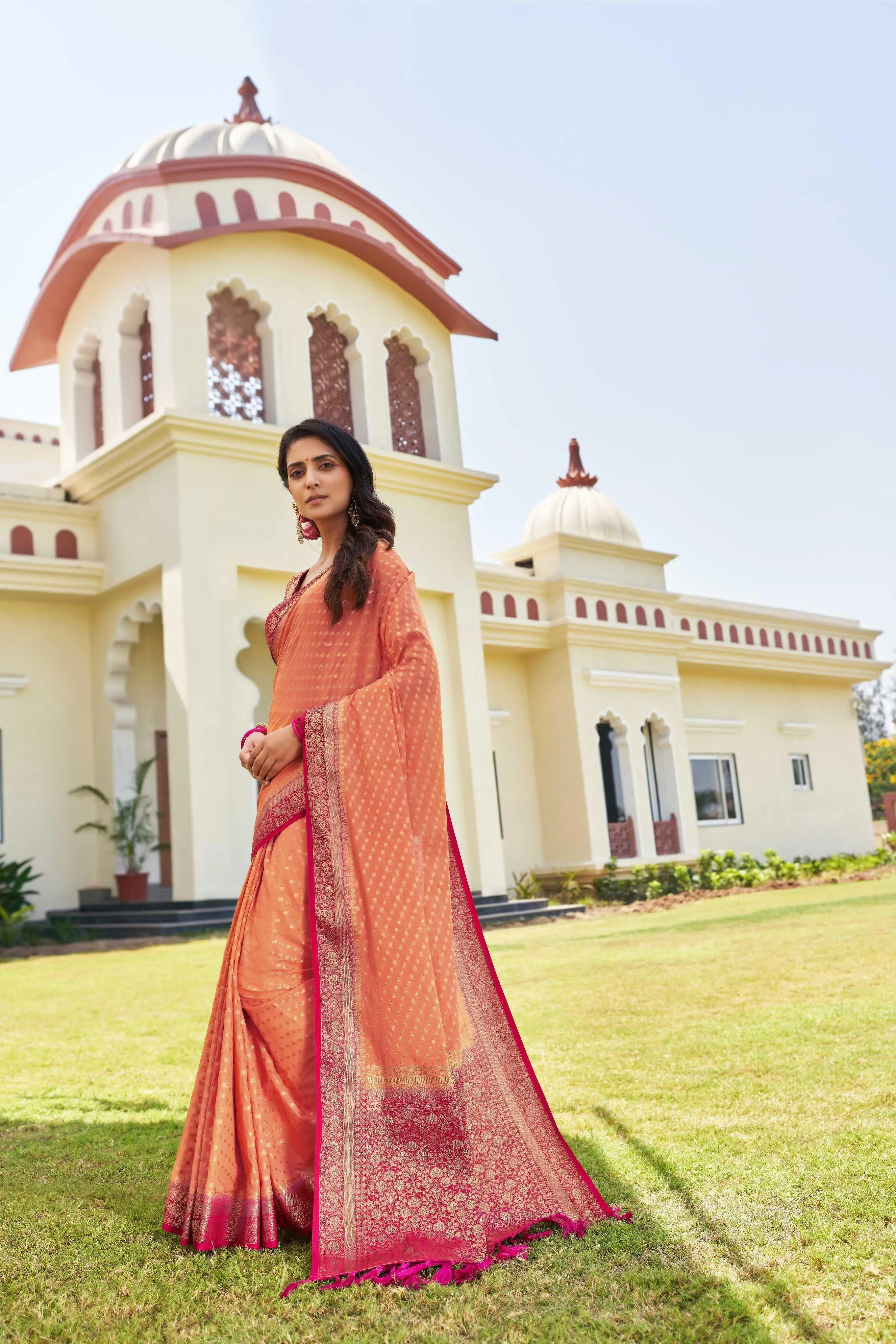 Peach Pure Georgette Saree
