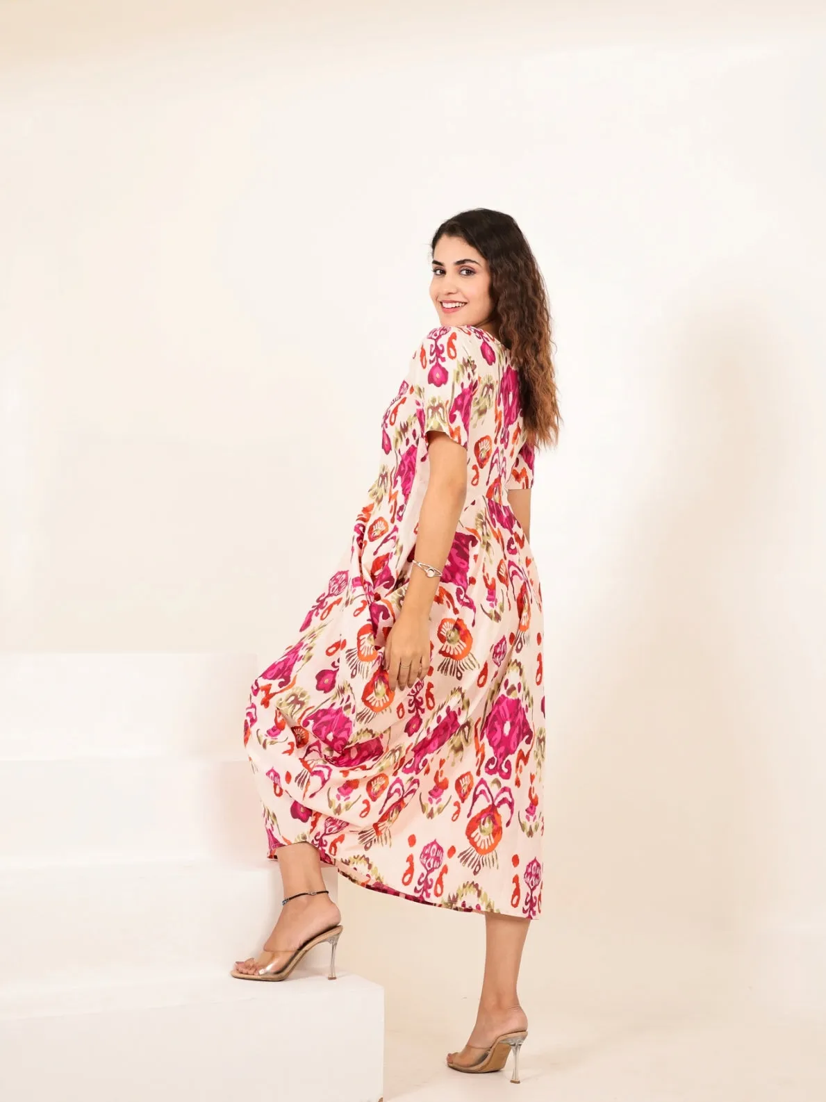 Pink Cotton Printed Dress