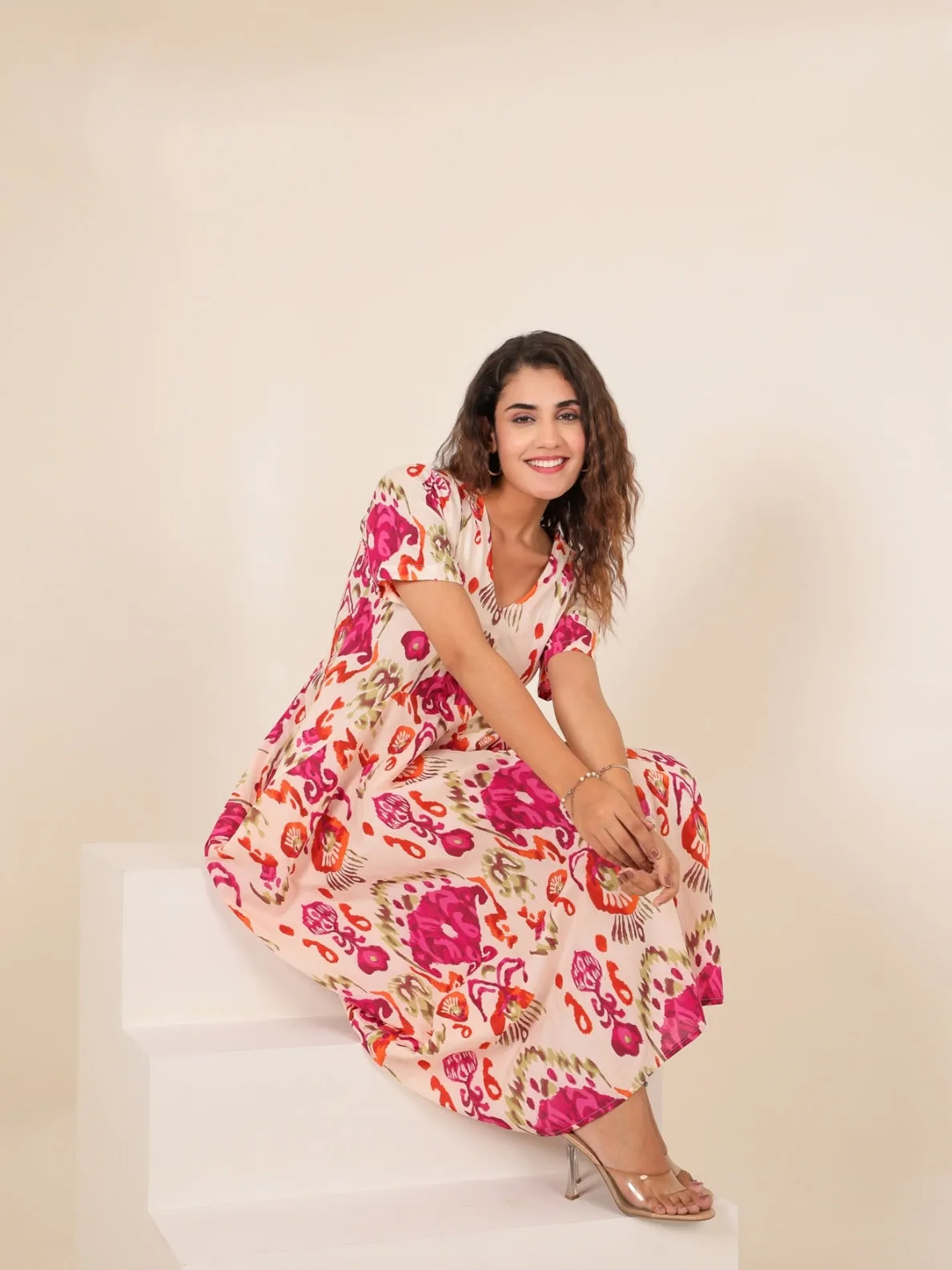 Pink Cotton Printed Dress