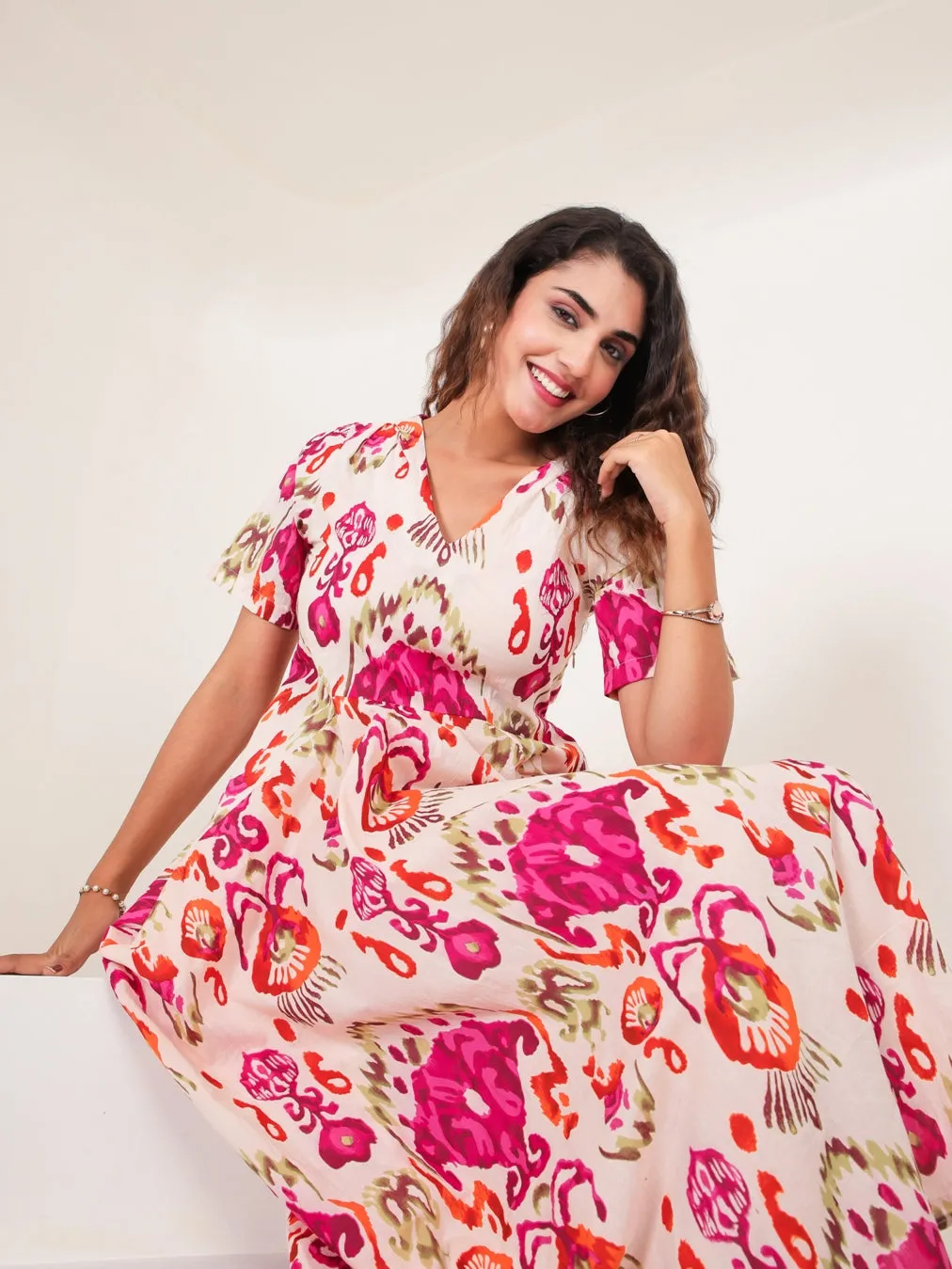 Pink Cotton Printed Dress