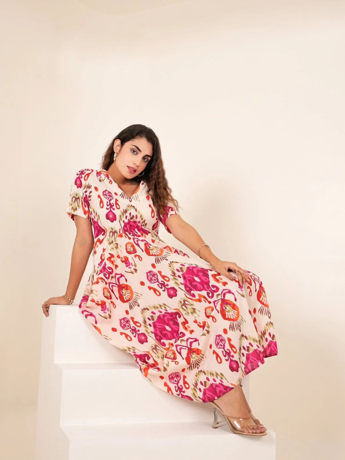Pink Cotton Printed Dress
