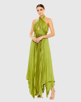 Pleated Halter Neck Asymmetrical Hem Gown