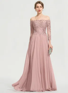 Pleated Lace With Brynlee Off-the-Shoulder Floor-Length Chiffon Ball-Gown/Princess Sequins Prom Dresses