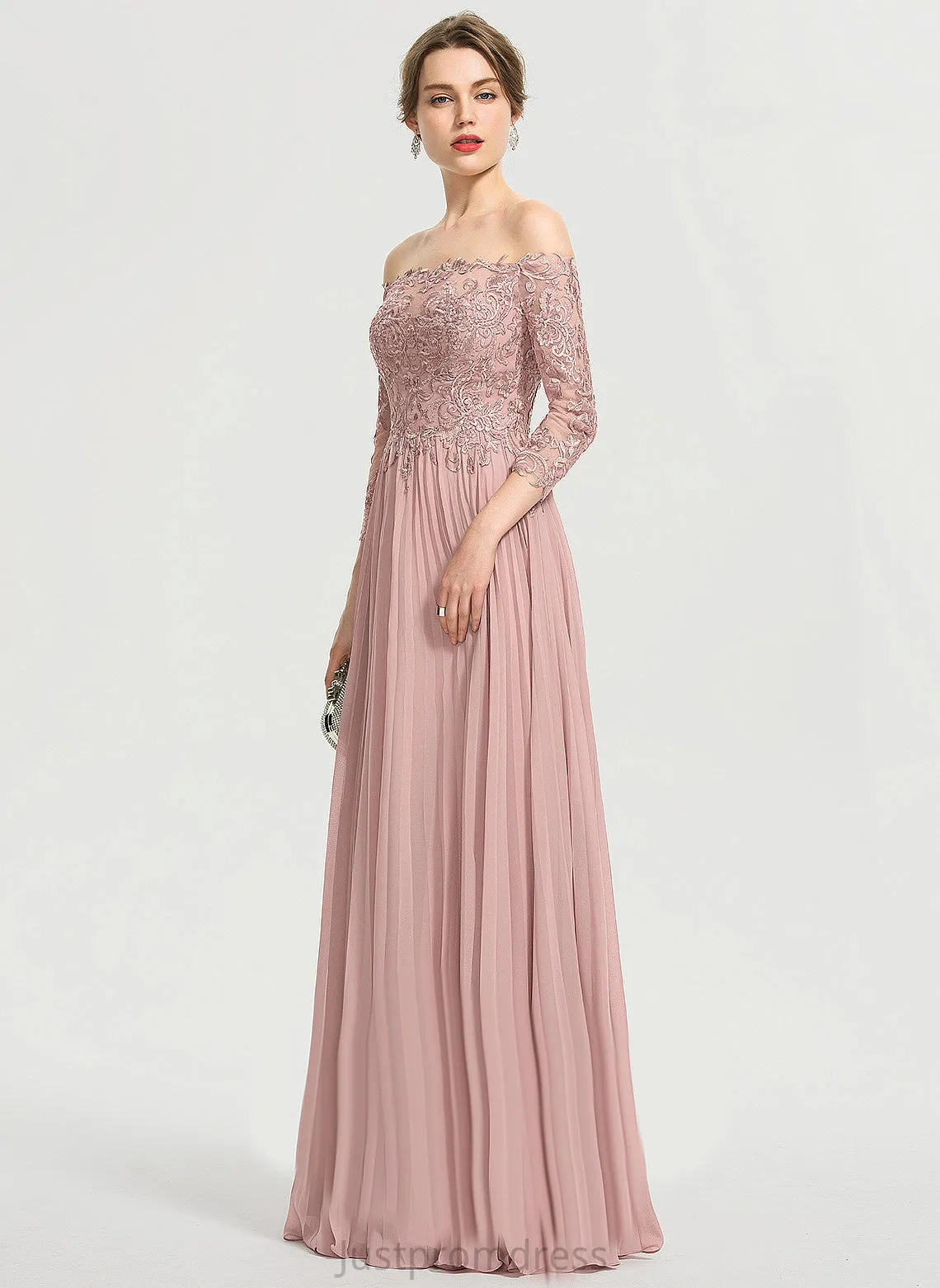 Pleated Lace With Brynlee Off-the-Shoulder Floor-Length Chiffon Ball-Gown/Princess Sequins Prom Dresses