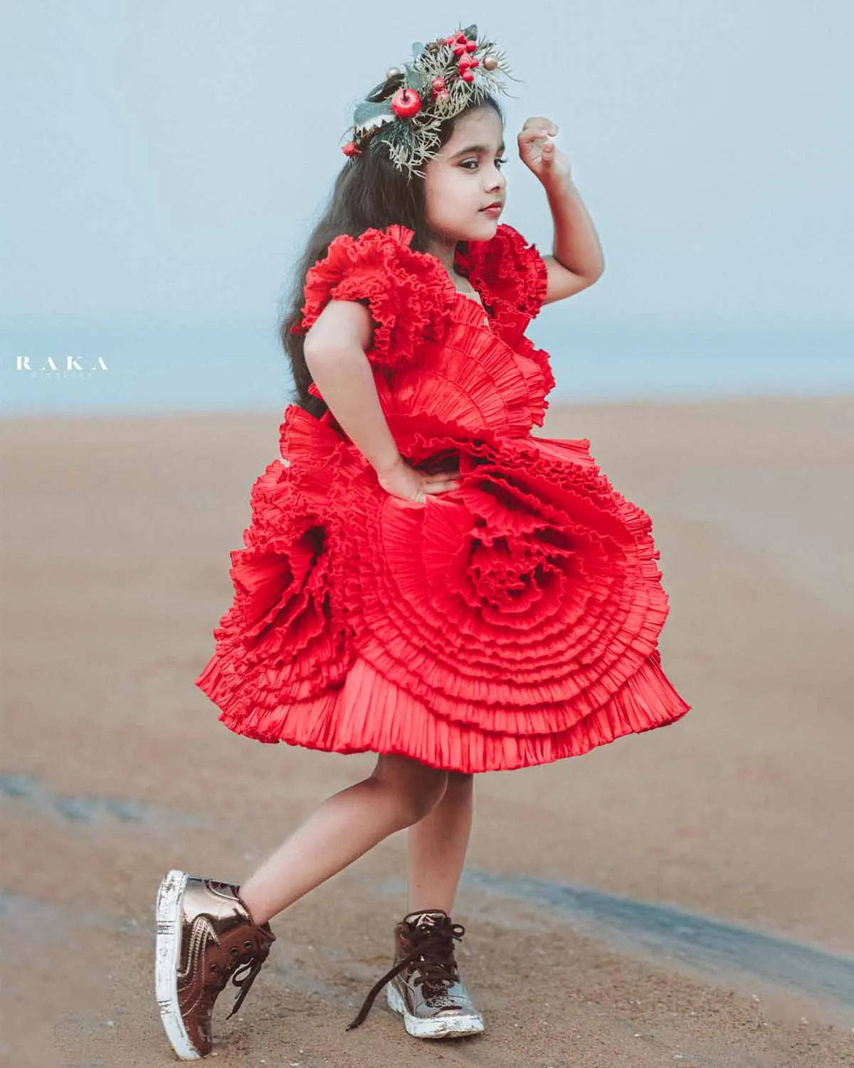 Pleated  red rose couture gown