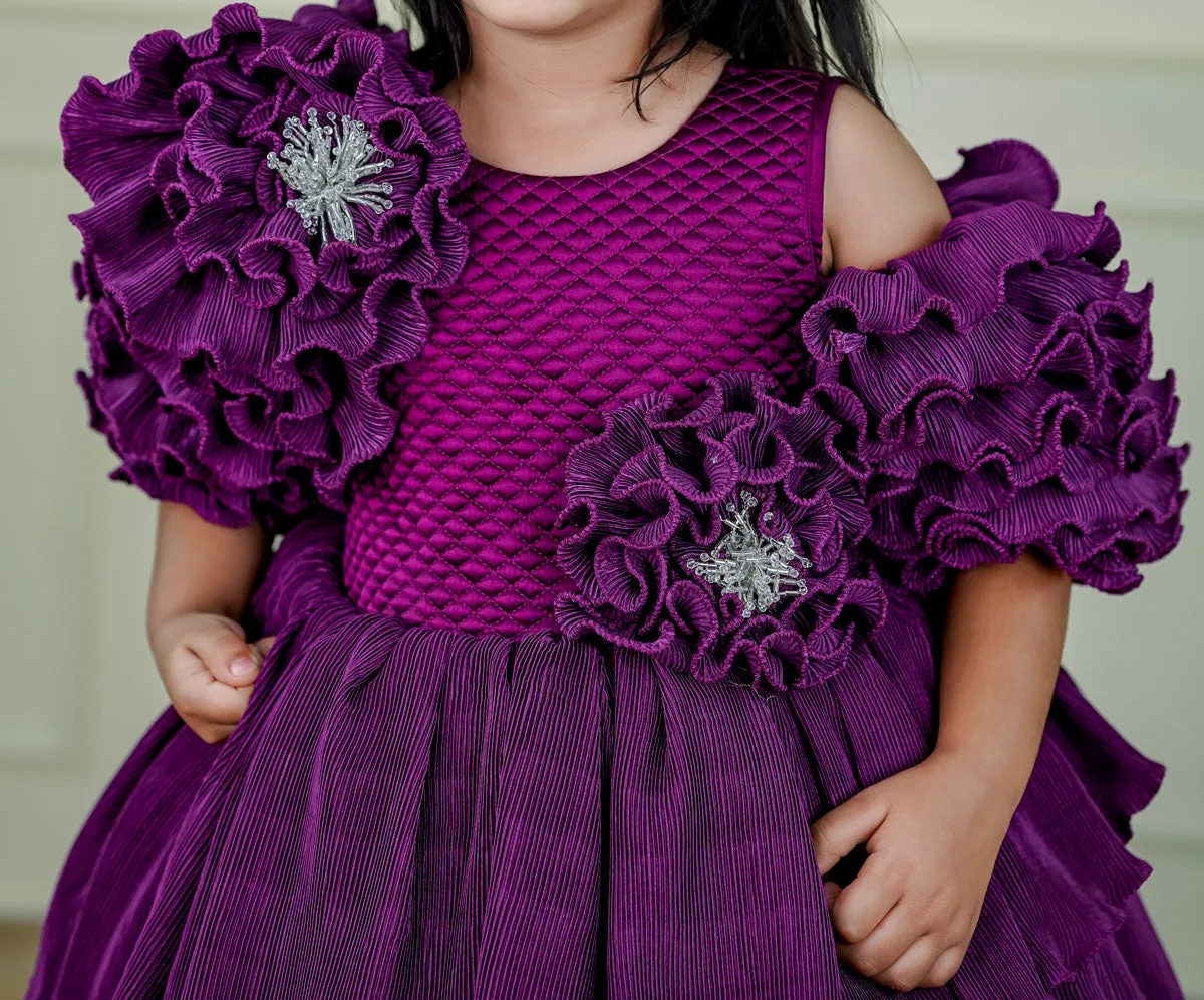 Plum Purple Asymmetrical Layered Gown In Pleated Texture Fabric