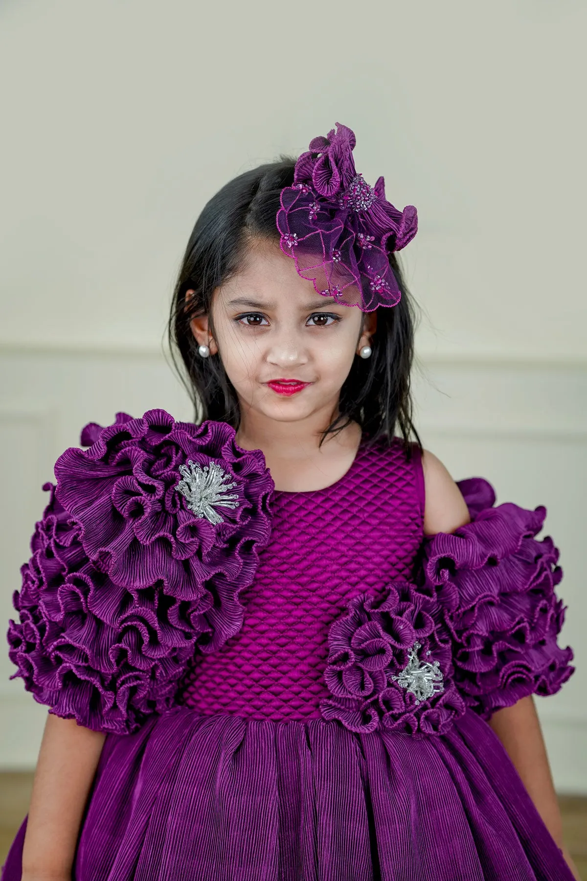 Plum Purple Asymmetrical Layered Gown In Pleated Texture Fabric
