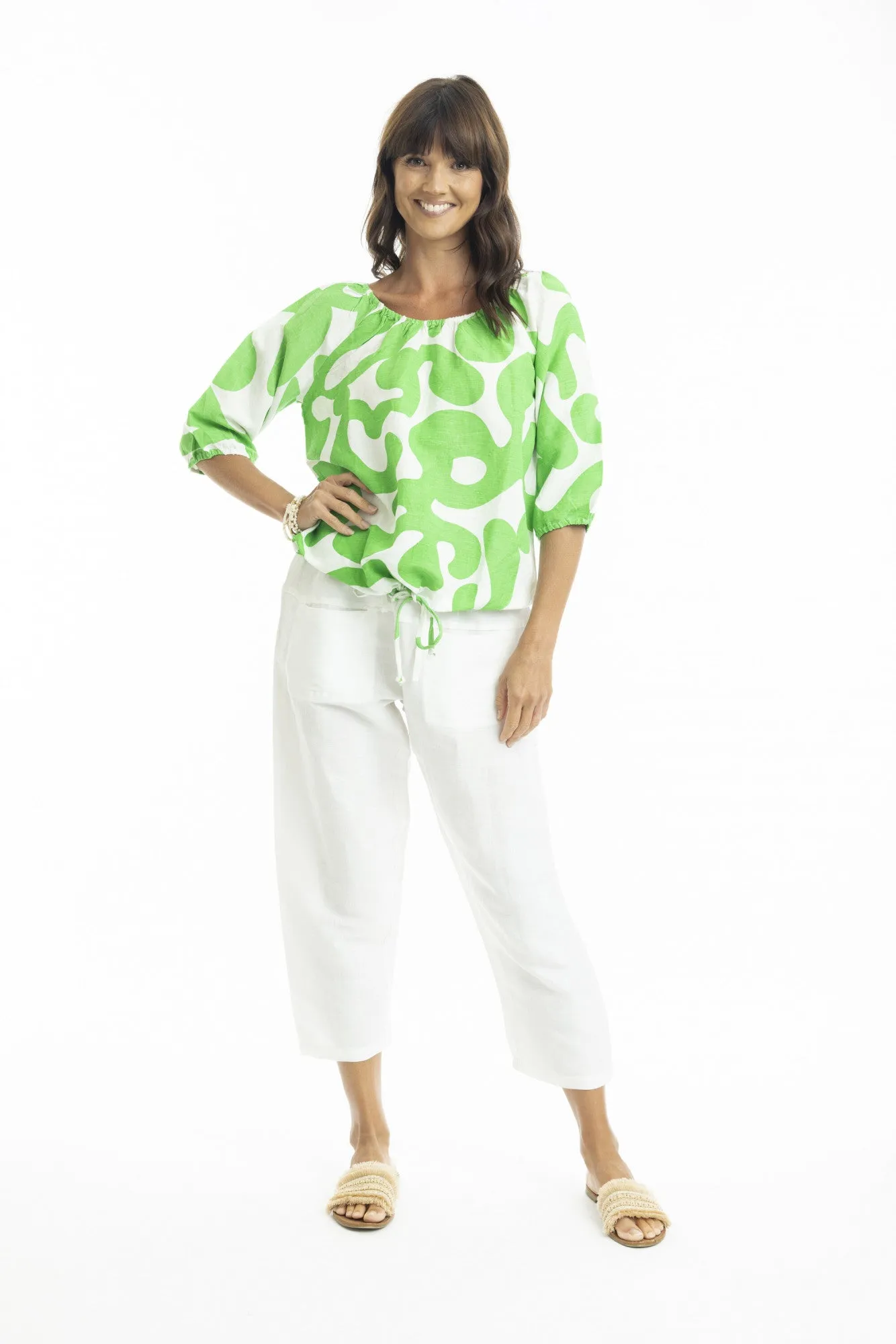 Print Linen Top Gather Neck 3/4 slv