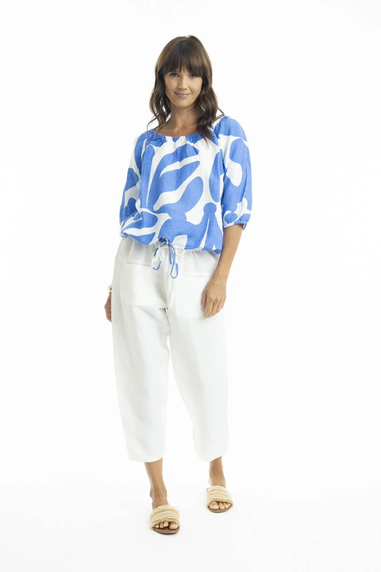 Print Linen Top Gather Neck 3/4 slv