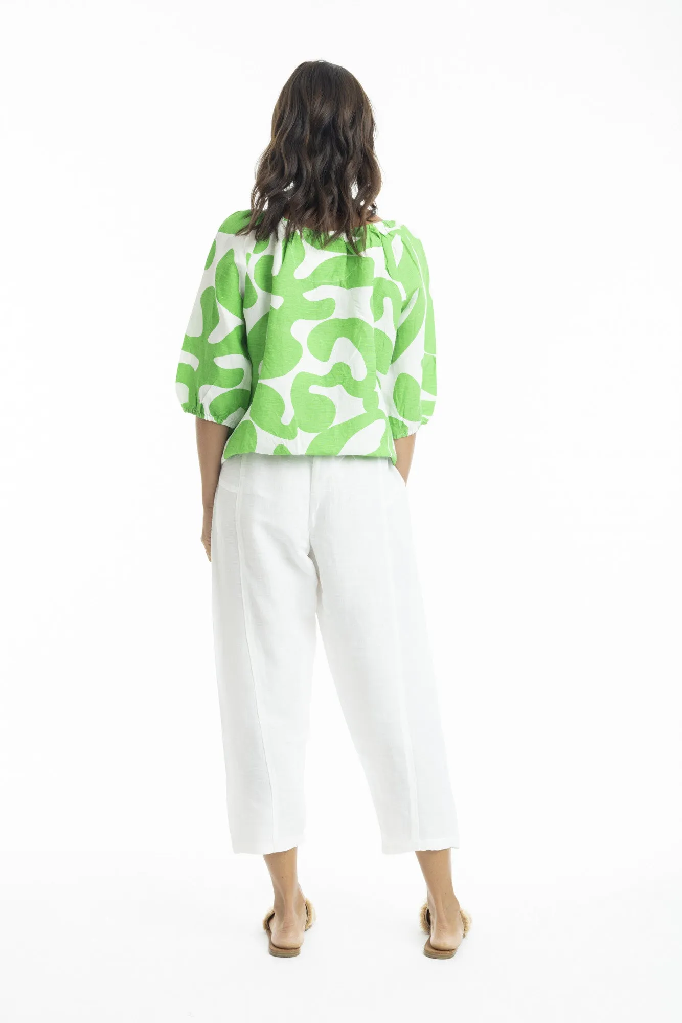 Print Linen Top Gather Neck 3/4 slv