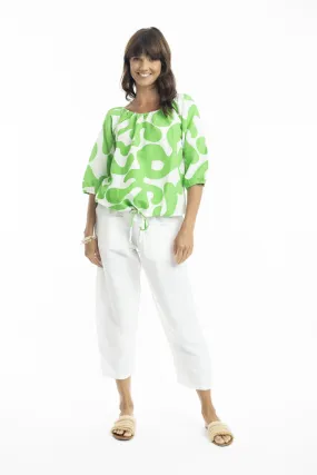 Print Linen Top Gather Neck 3/4 slv