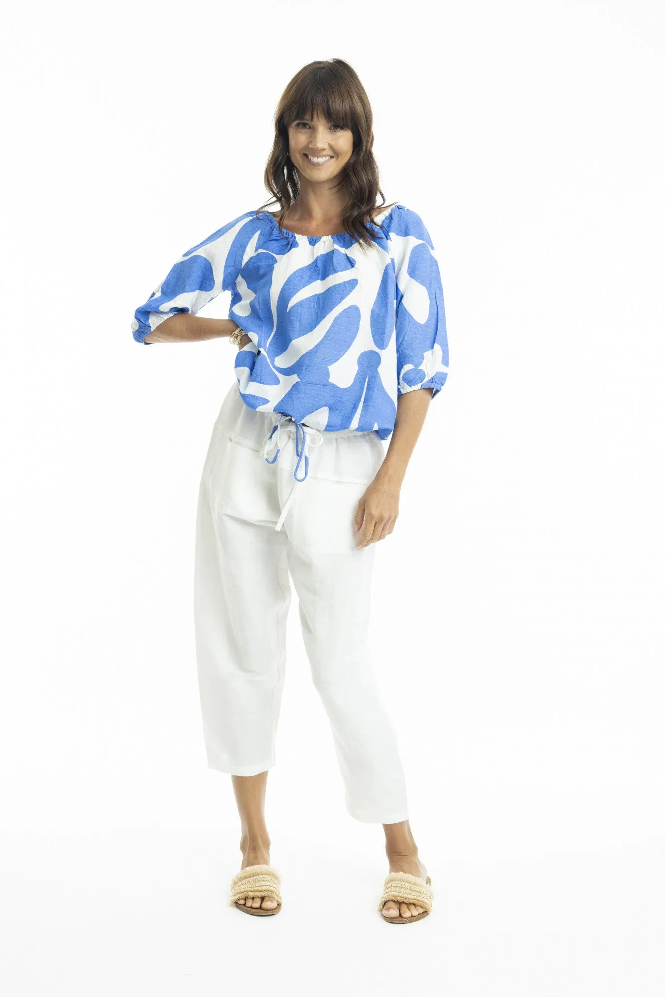 Print Linen Top Gather Neck 3/4 slv