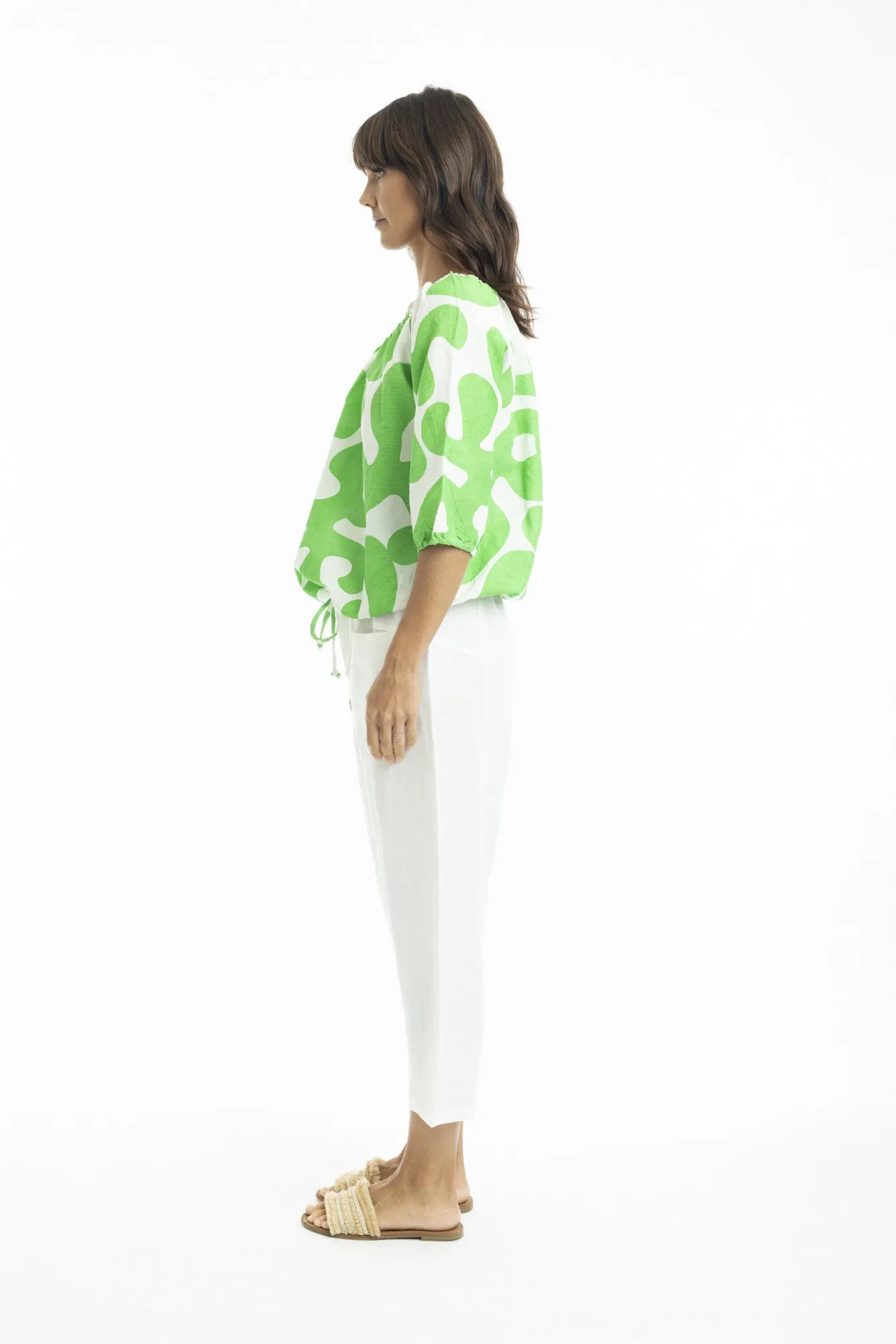 Print Linen Top Gather Neck 3/4 slv