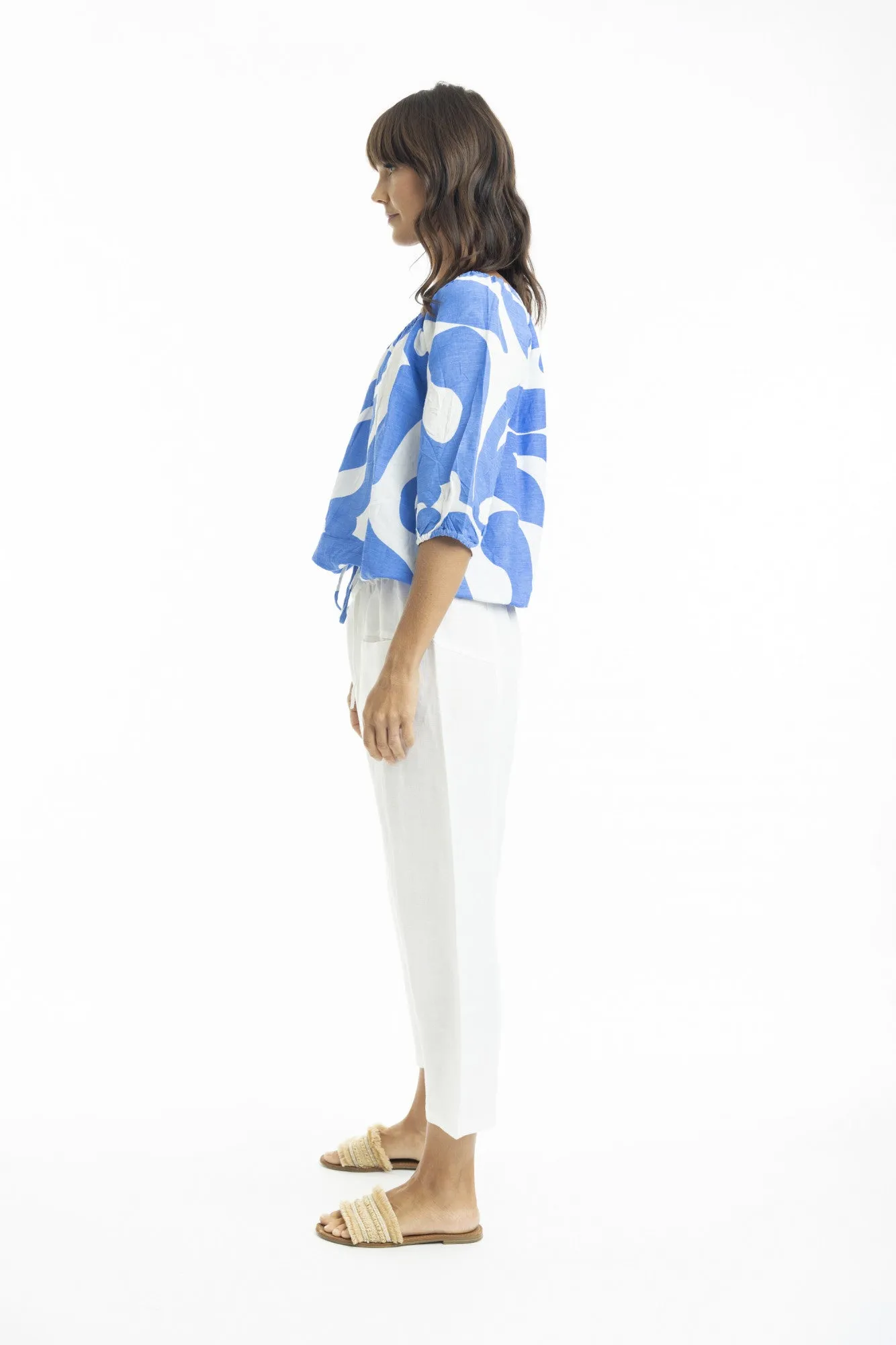 Print Linen Top Gather Neck 3/4 slv