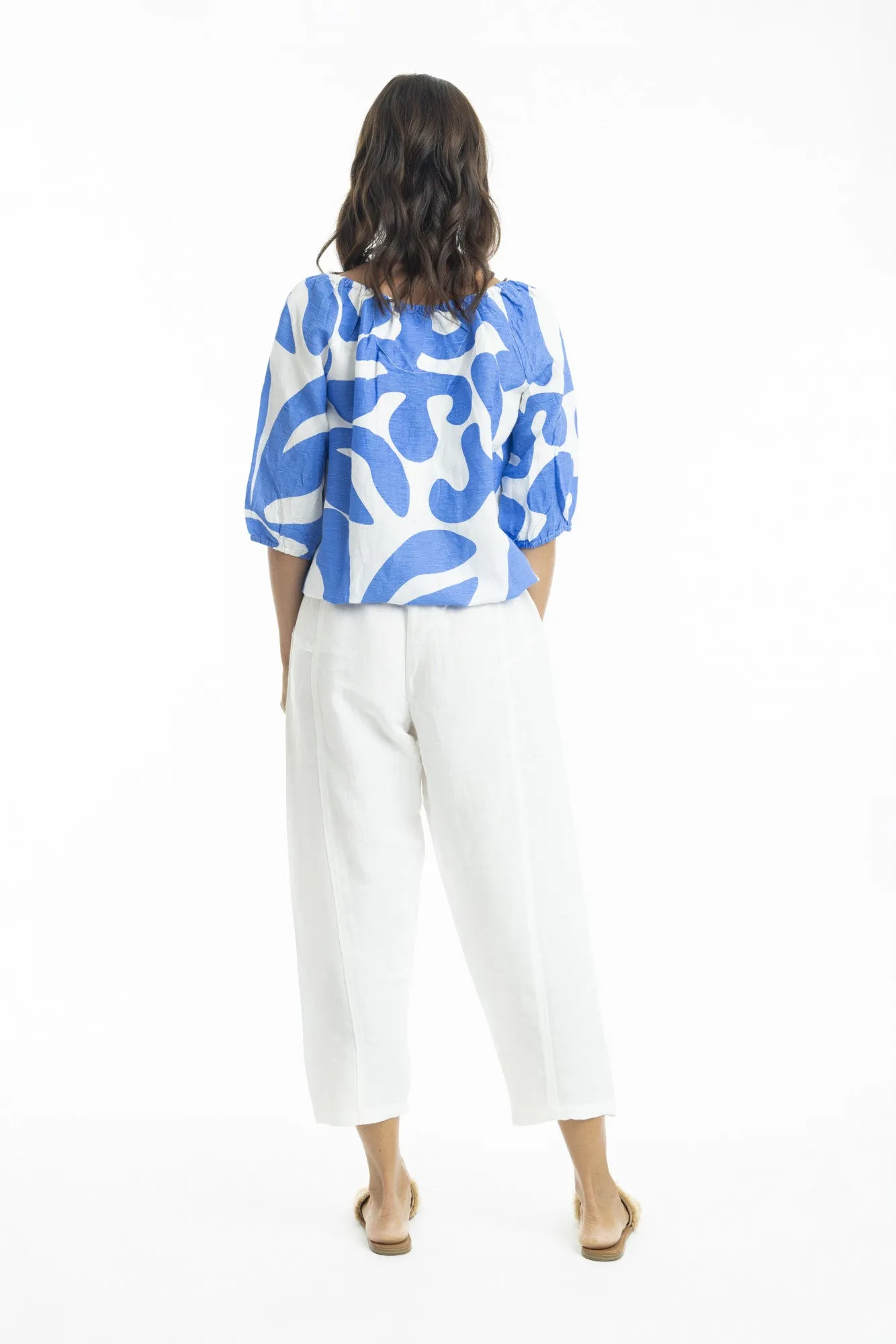 Print Linen Top Gather Neck 3/4 slv
