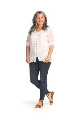 PT14112 PINK Fern Print Crinkled Layered Tab Sleeve Blouse