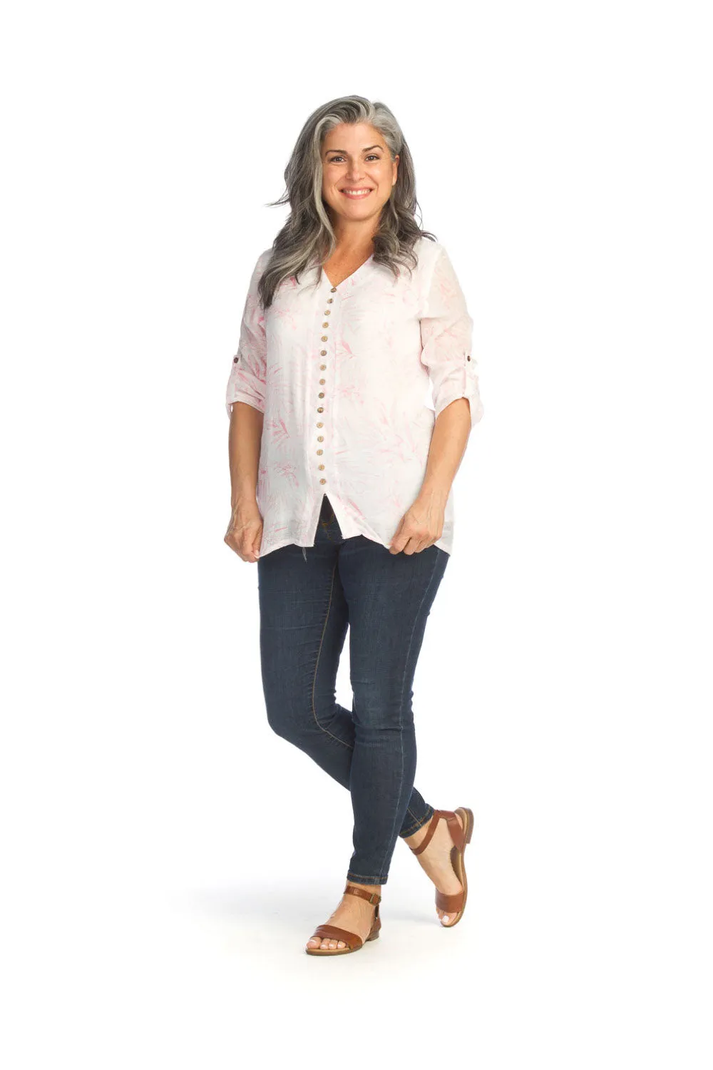 PT14112 PINK Fern Print Crinkled Layered Tab Sleeve Blouse