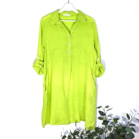 Pure linen shirt dress with directional stitching pleat on back and pockets