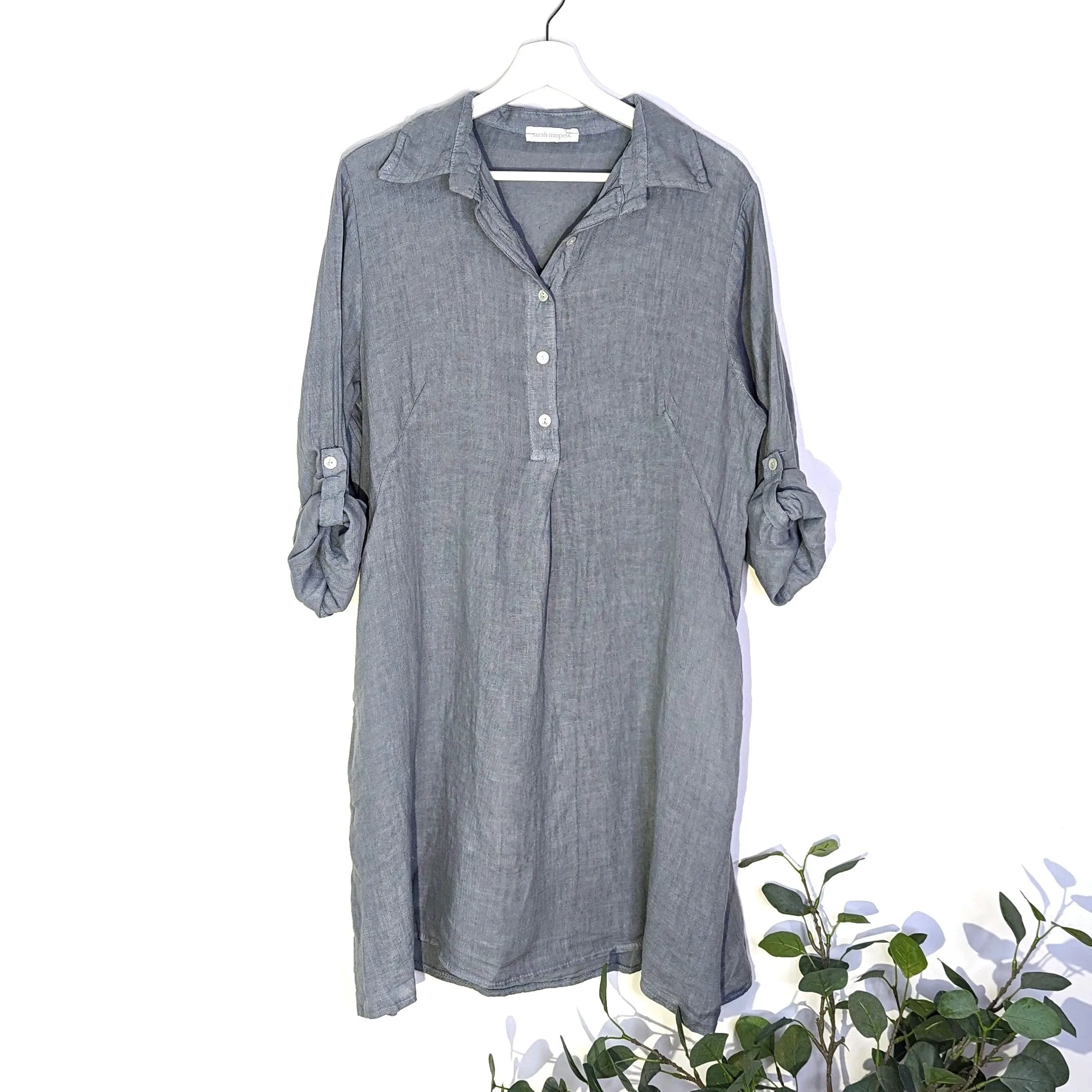 Pure linen shirt dress with directional stitching pleat on back and pockets