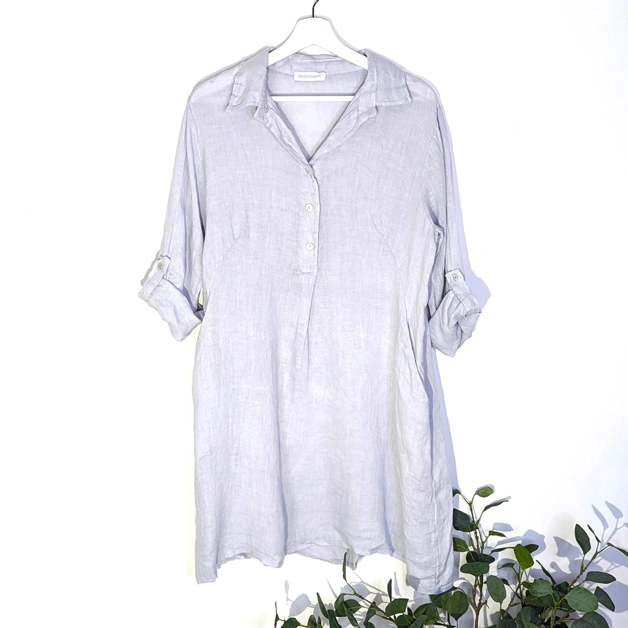 Pure linen shirt dress with directional stitching pleat on back and pockets