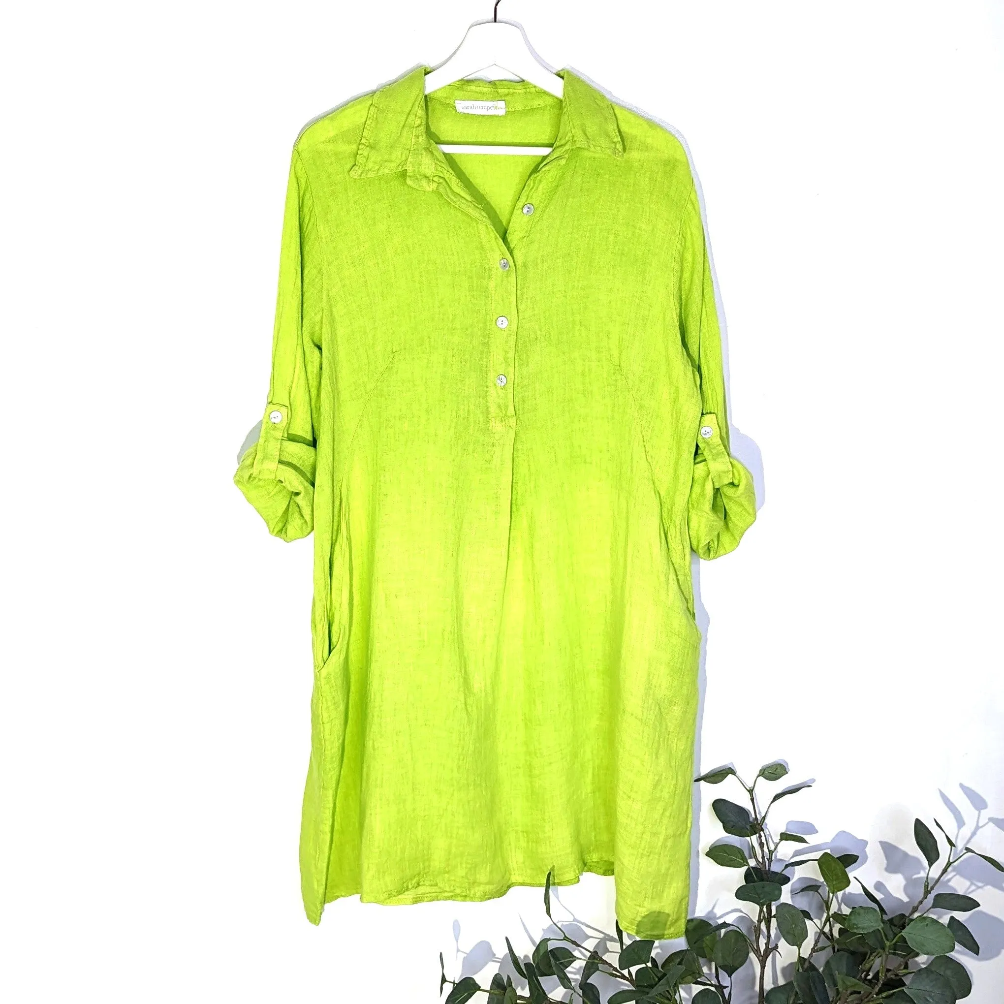 Pure linen shirt dress with directional stitching pleat on back and pockets