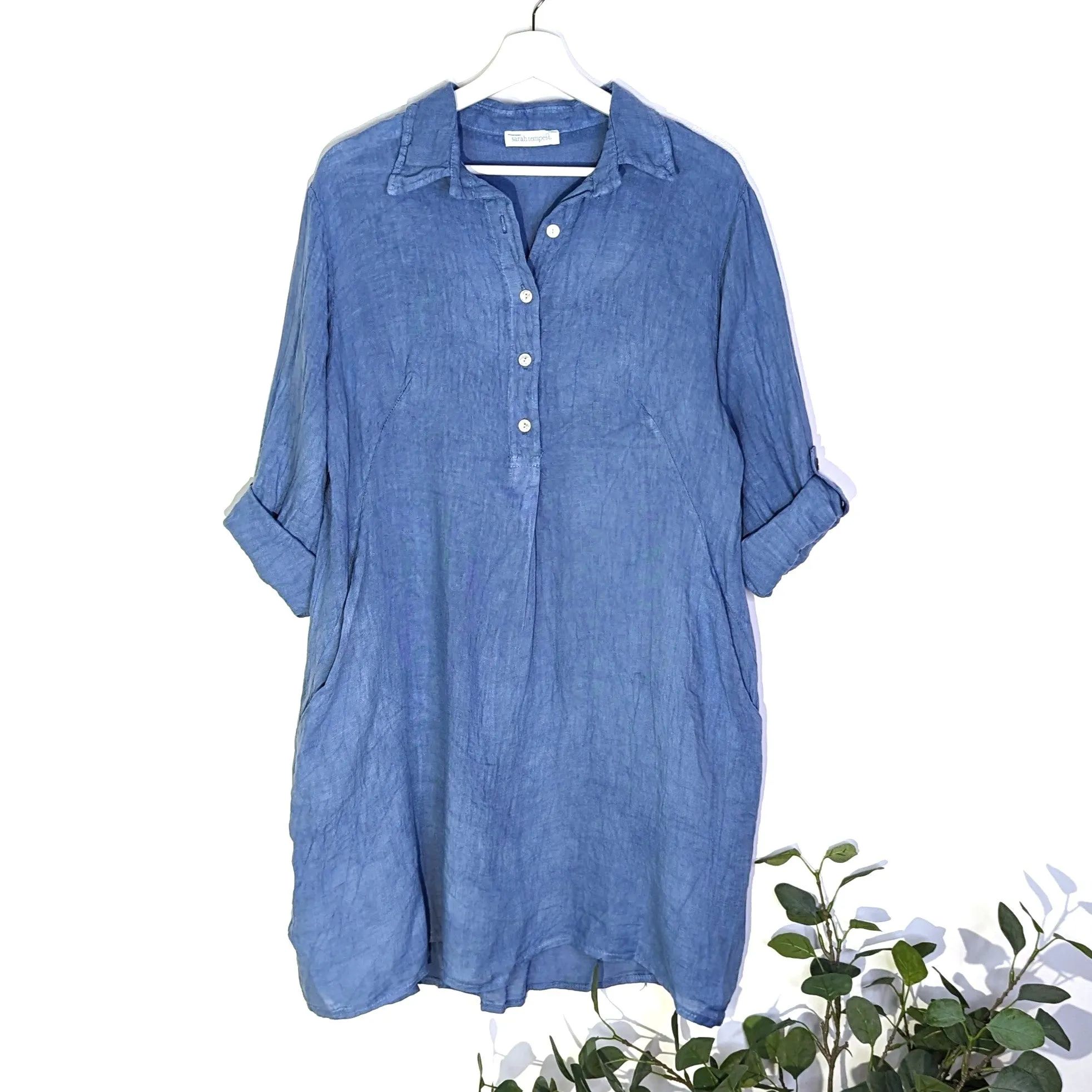 Pure linen shirt dress with directional stitching pleat on back and pockets