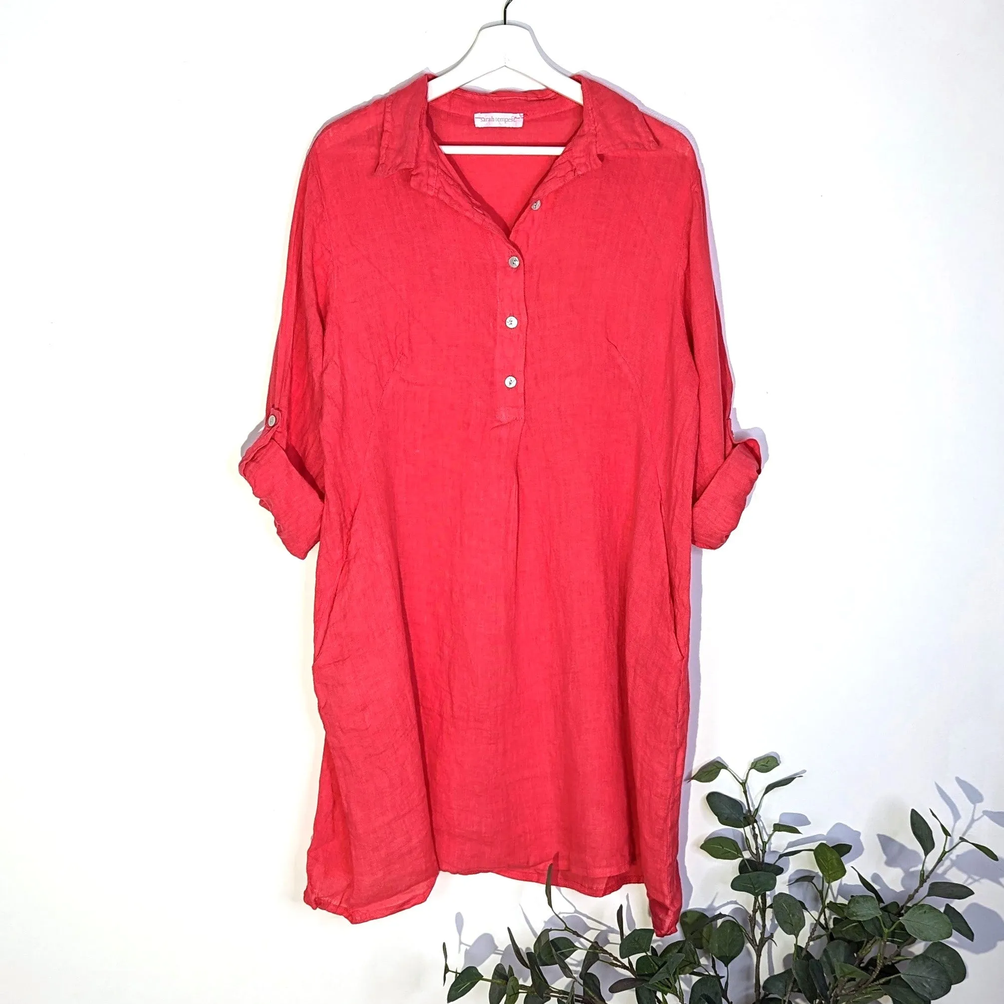 Pure linen shirt dress with directional stitching pleat on back and pockets
