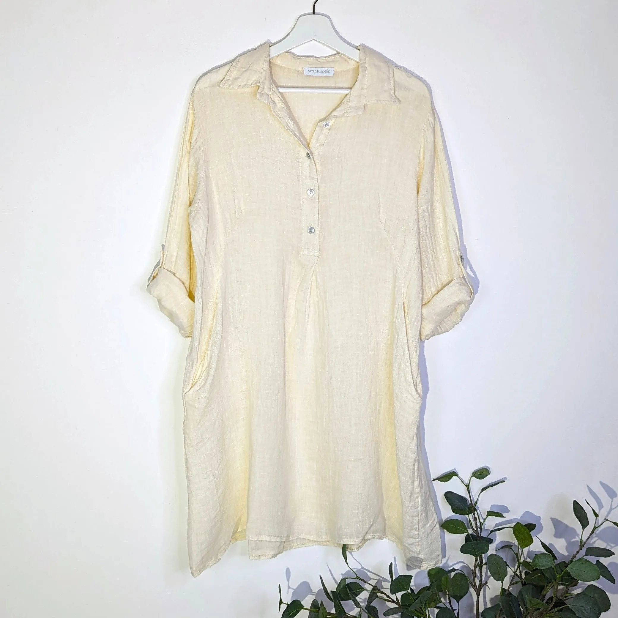 Pure linen shirt dress with directional stitching pleat on back and pockets