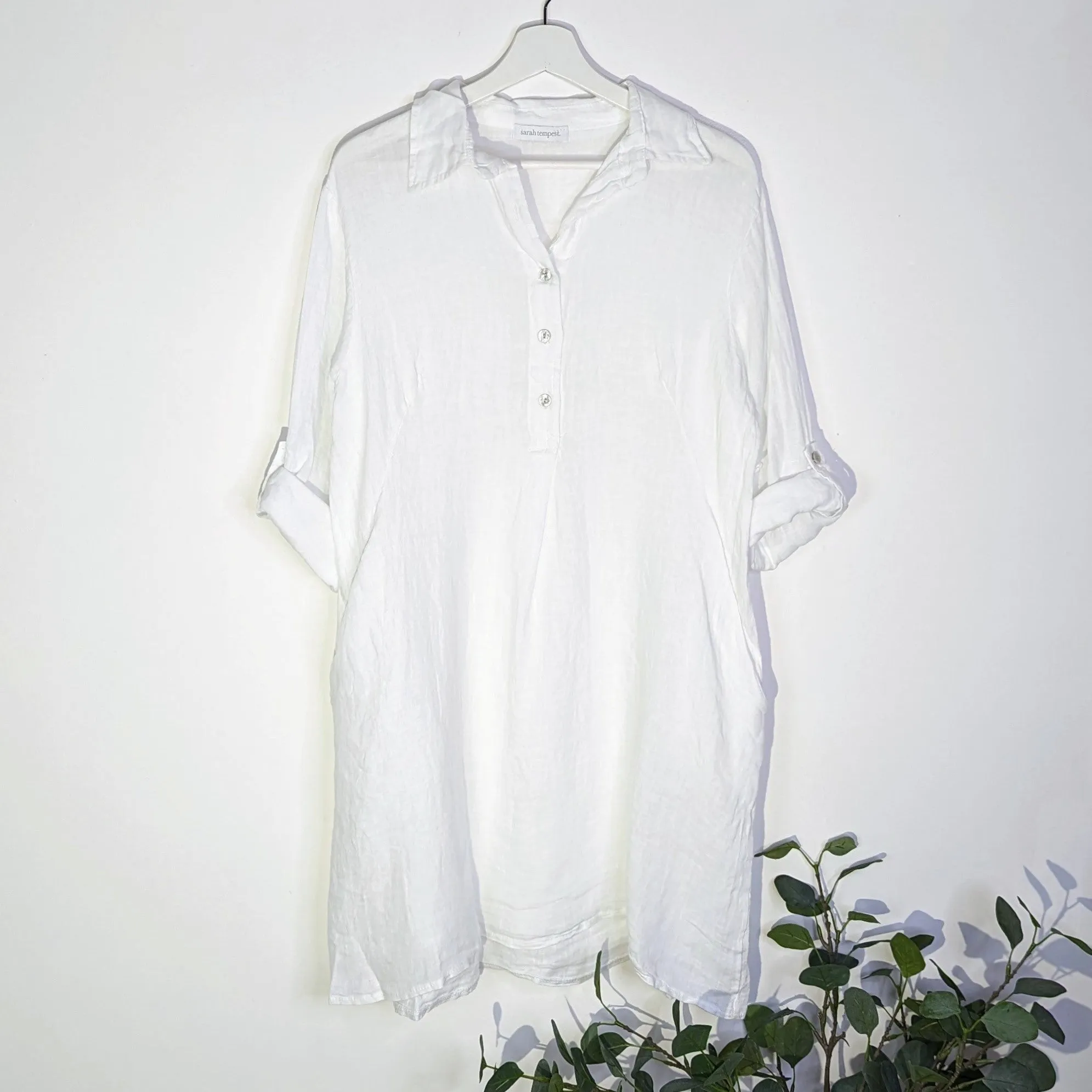 Pure linen shirt dress with directional stitching pleat on back and pockets