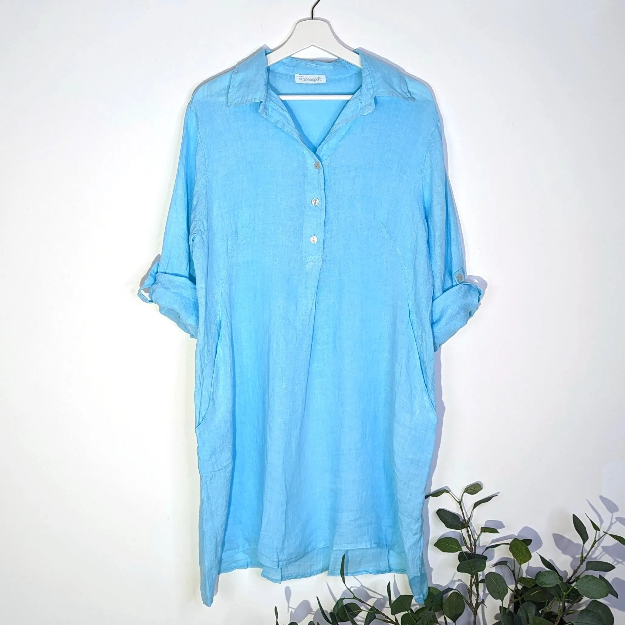 Pure linen shirt dress with directional stitching pleat on back and pockets