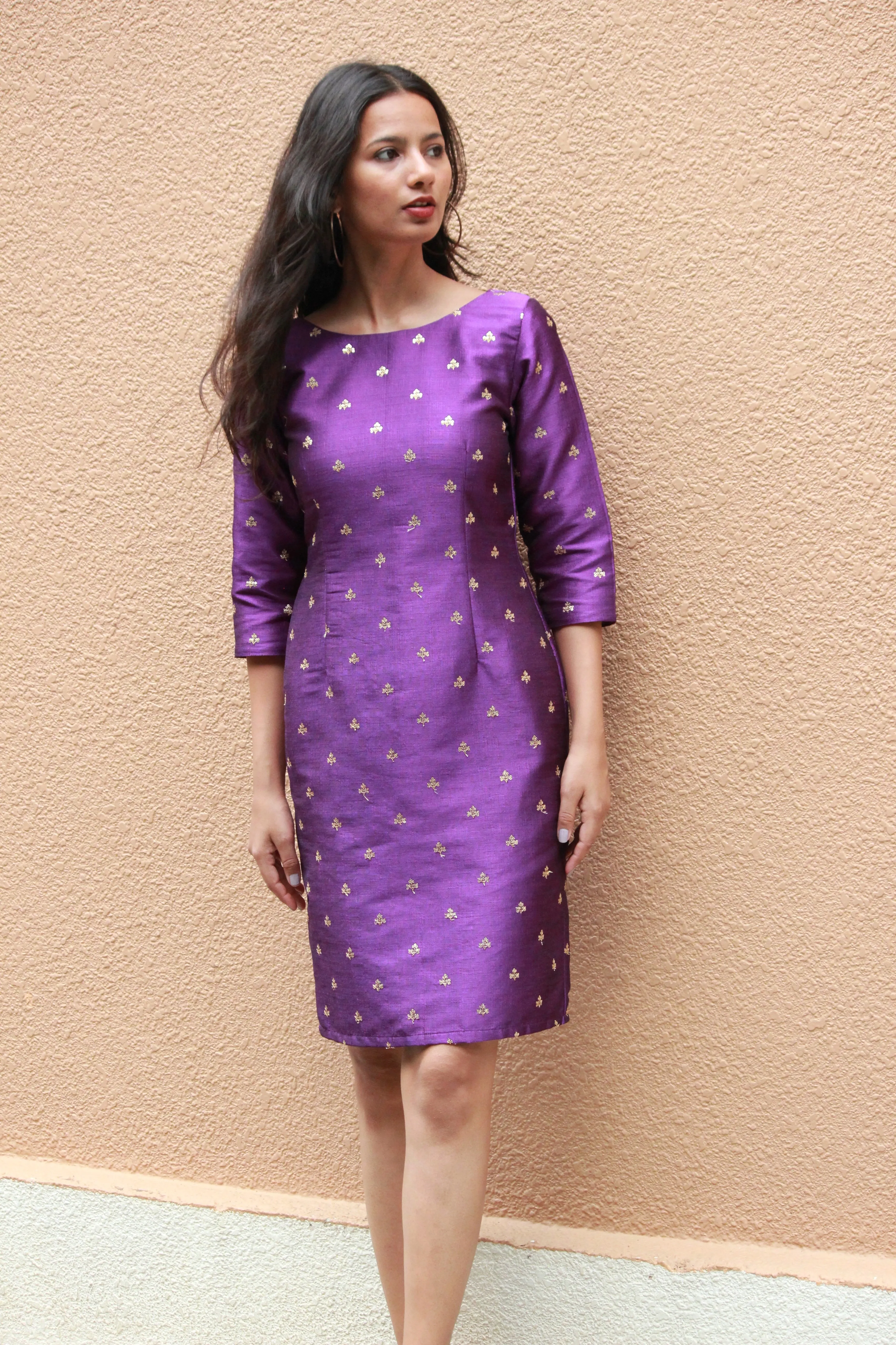 Purple Raw Silk Pencil Dress