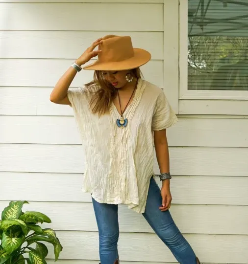 Raw Crinkled Cotton Gauze Boho Blouse