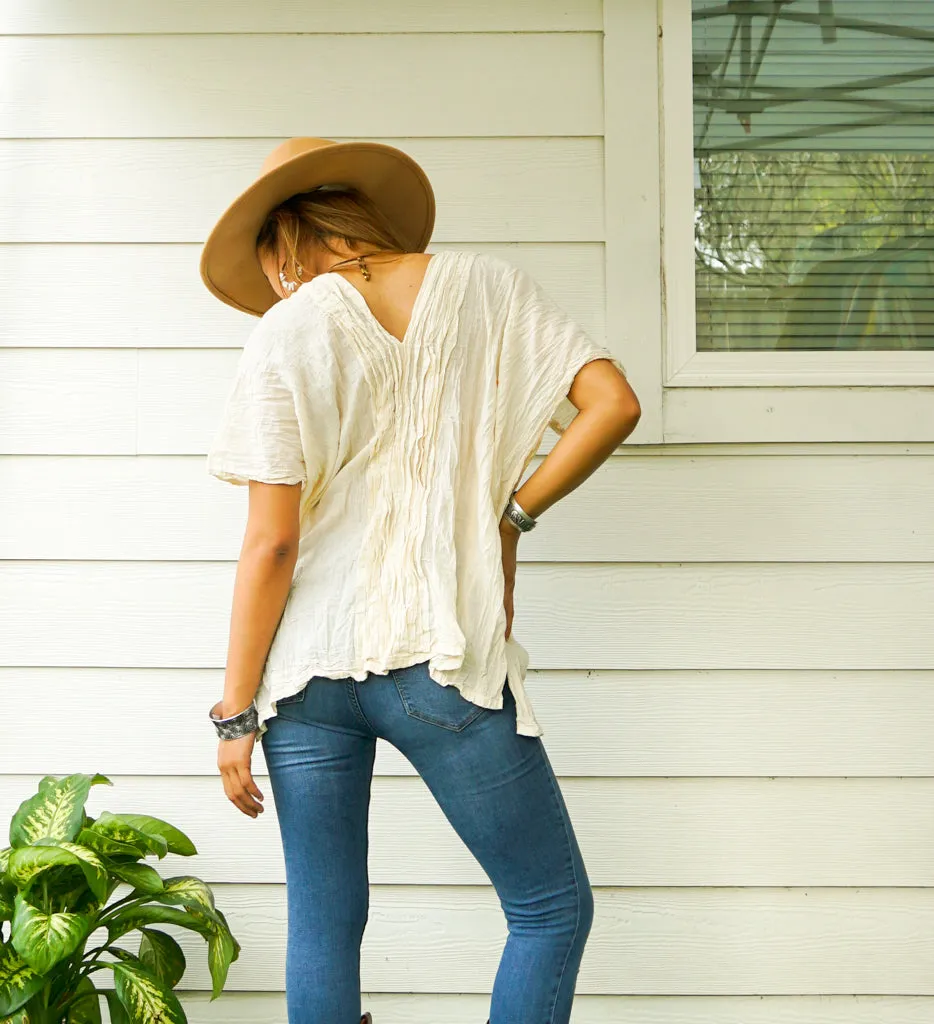 Raw Crinkled Cotton Gauze Boho Blouse