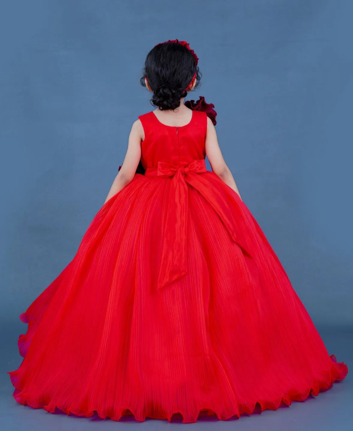Red Pleated Texture Gown With Maroon Flowers Detailing