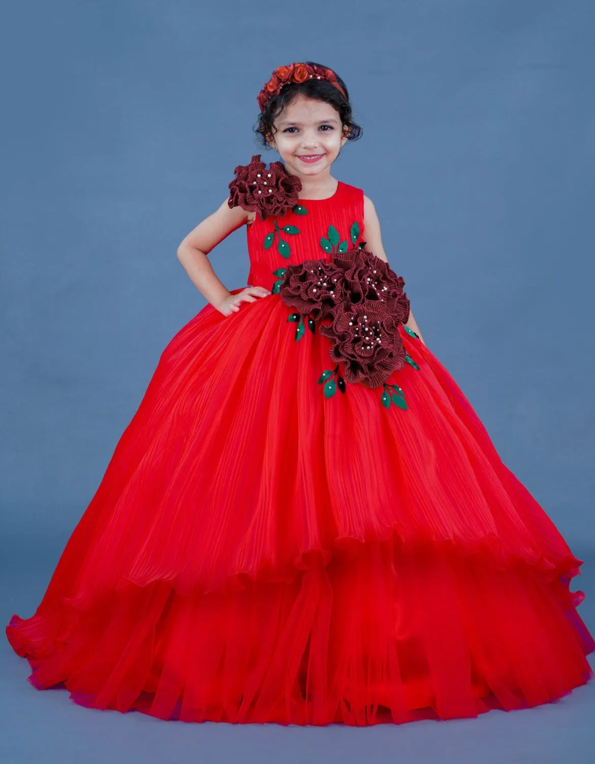 Red Pleated Texture Gown With Maroon Flowers Detailing