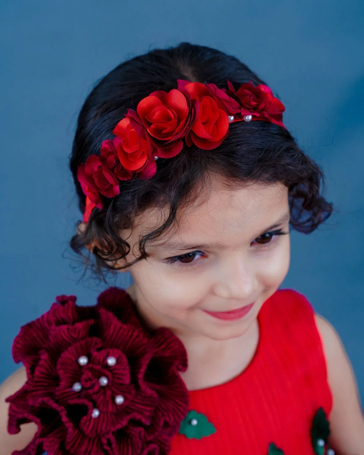 Red Pleated Texture Gown With Maroon Flowers Detailing