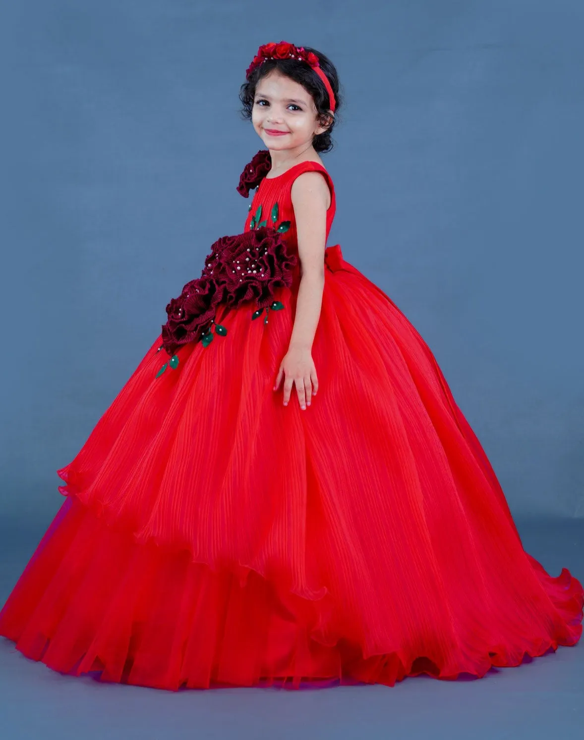 Red Pleated Texture Gown With Maroon Flowers Detailing