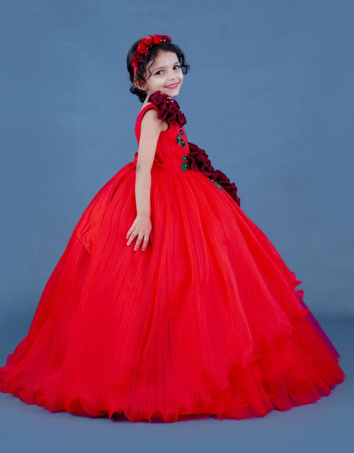Red Pleated Texture Gown With Maroon Flowers Detailing