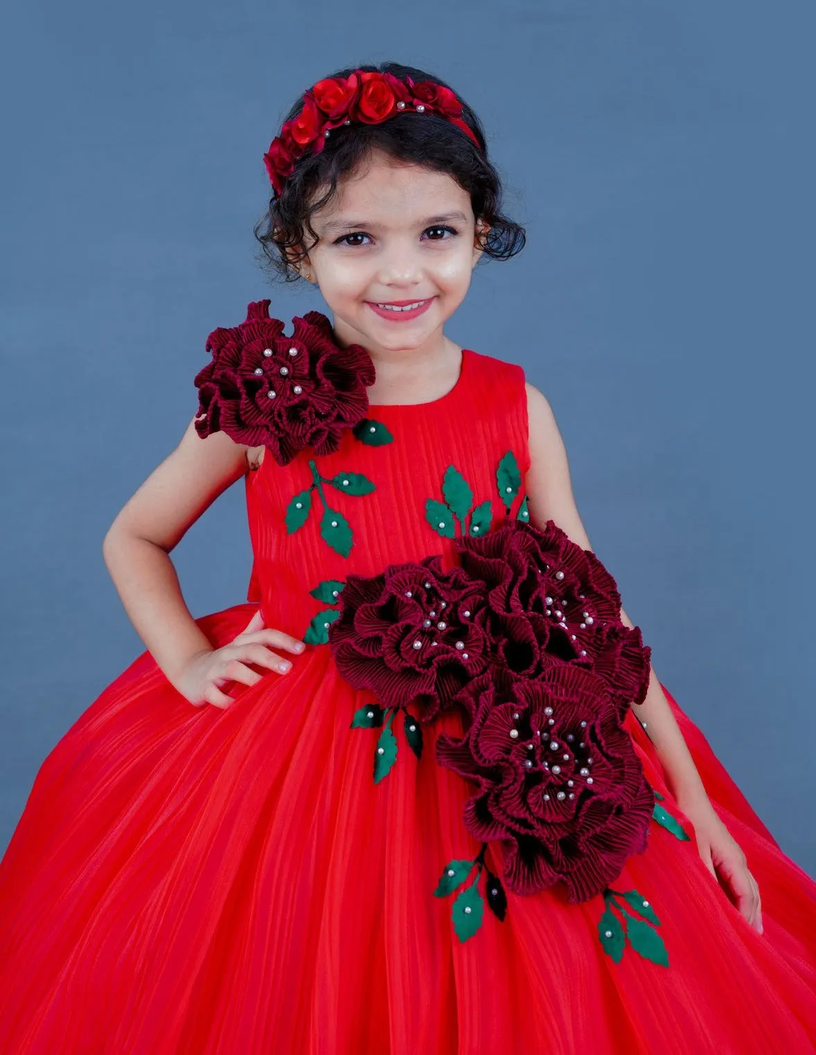 Red Pleated Texture Gown With Maroon Flowers Detailing