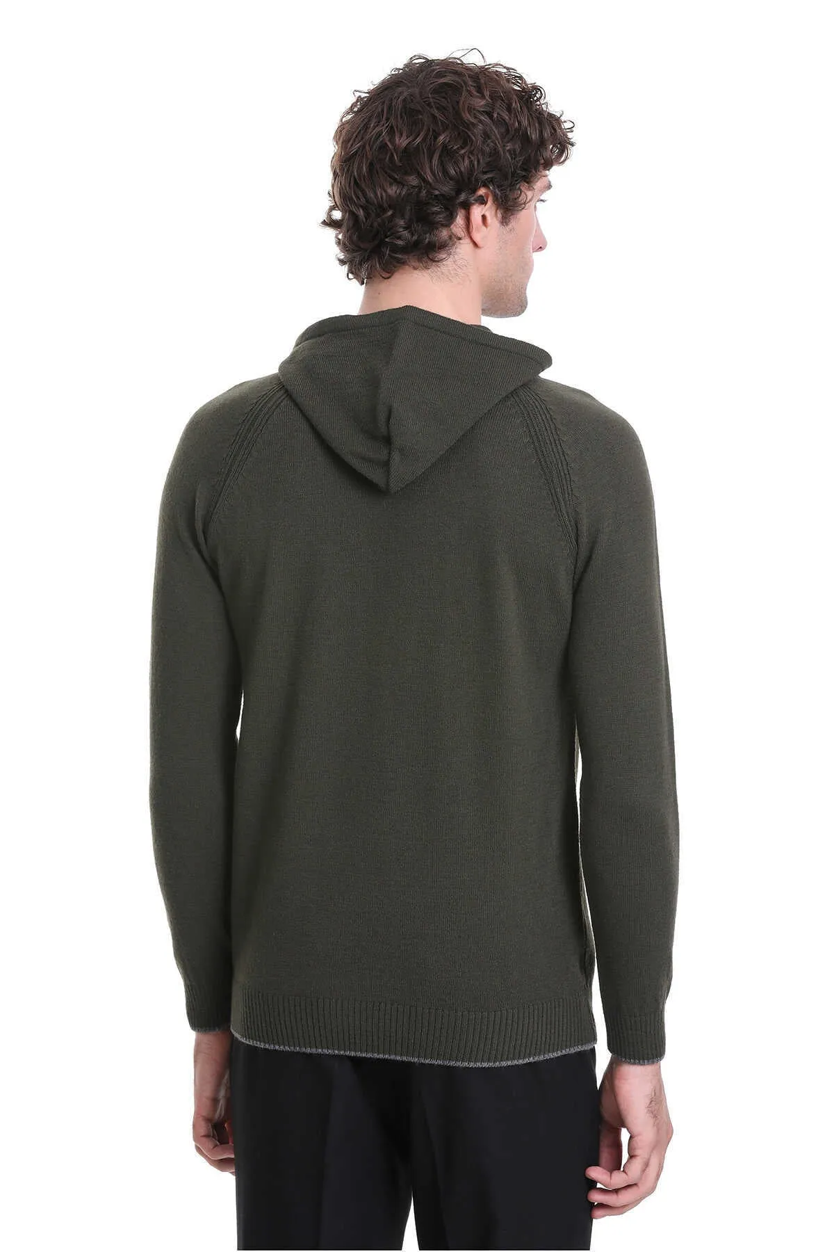 Regular Fit Wool Blend Hooded Khaki Crewneck Sweater