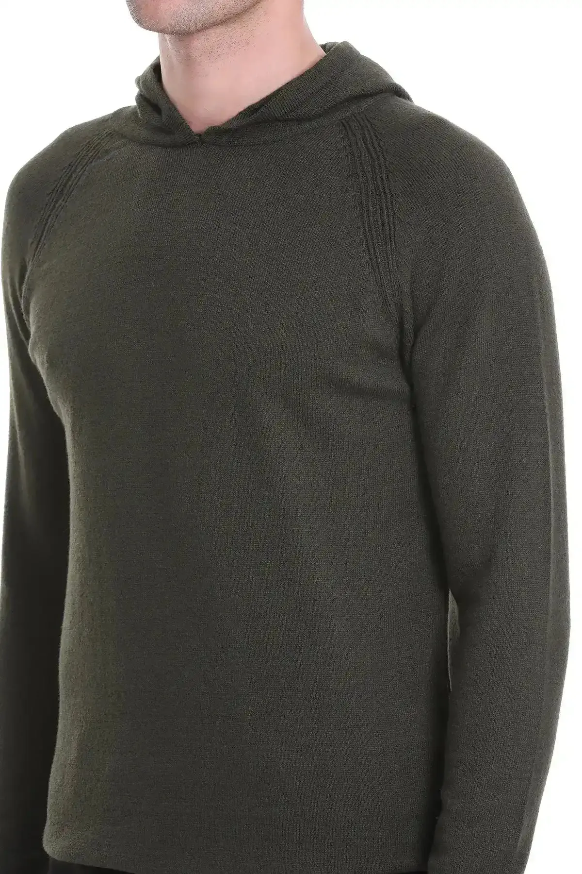 Regular Fit Wool Blend Hooded Khaki Crewneck Sweater