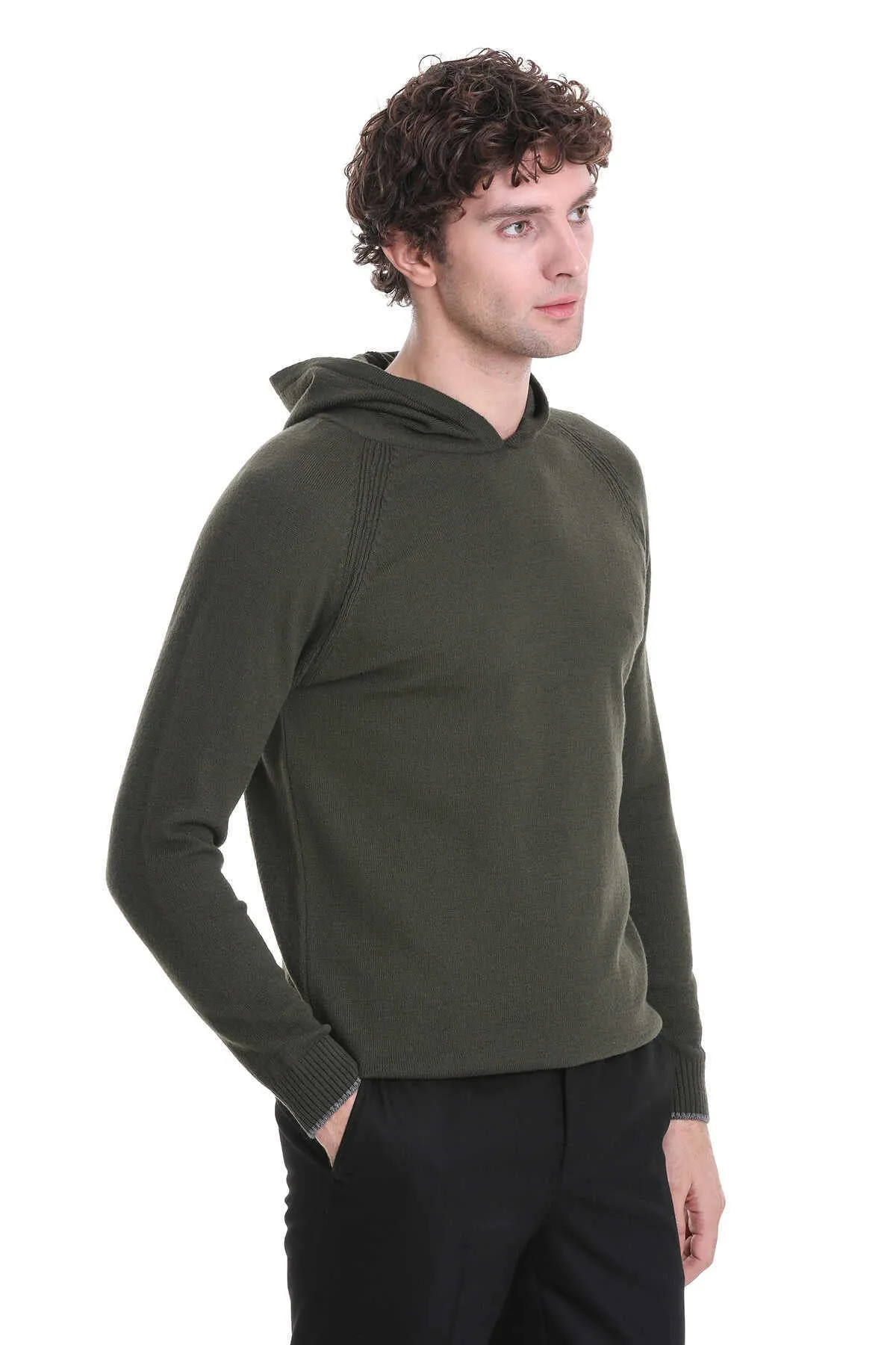 Regular Fit Wool Blend Hooded Khaki Crewneck Sweater