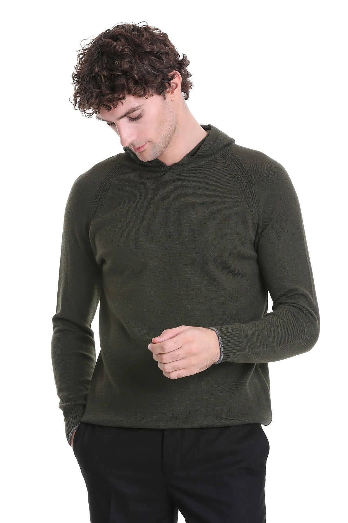 Regular Fit Wool Blend Hooded Khaki Crewneck Sweater