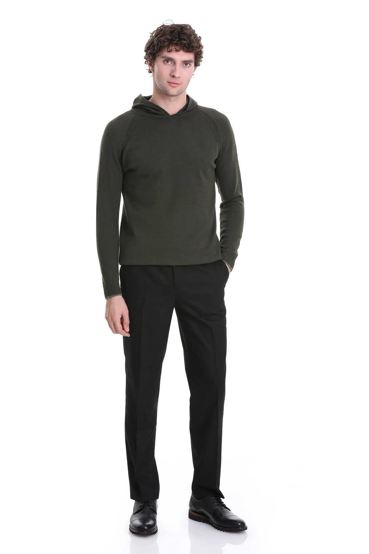 Regular Fit Wool Blend Hooded Khaki Crewneck Sweater