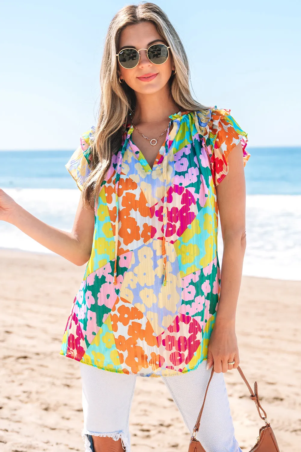 Rosa Flutter Sleeve V Neck Crinkled Blouse