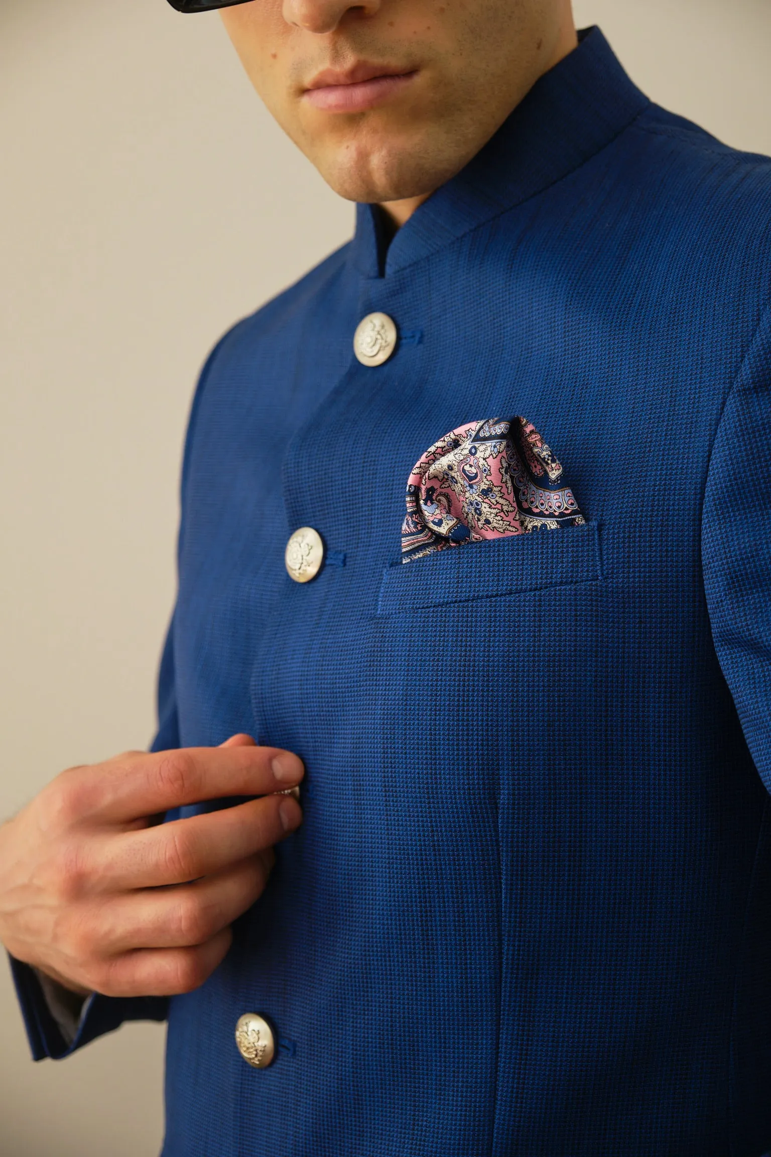 Royal Blue Textured Bandhgala Suit