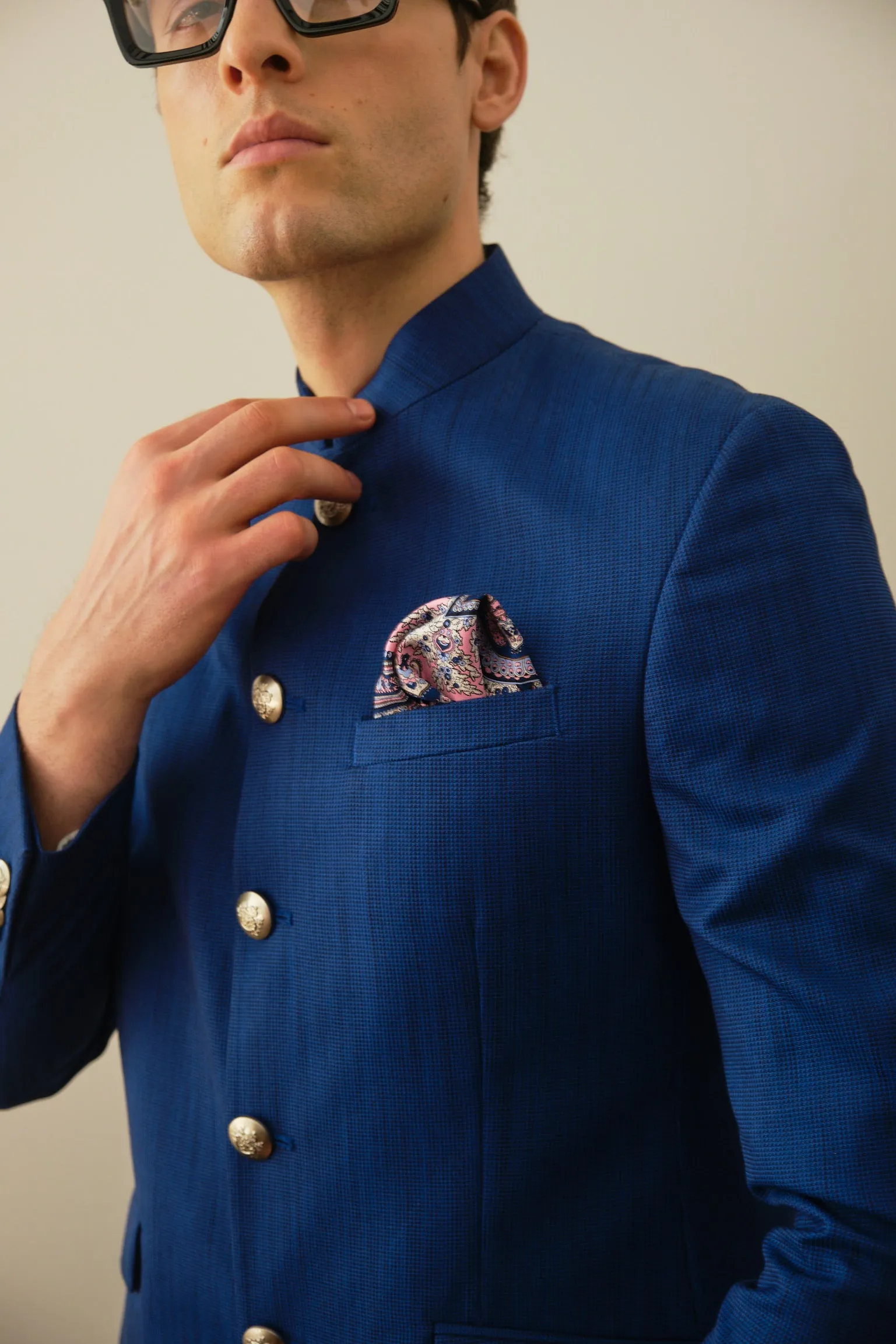 Royal Blue Textured Bandhgala Suit