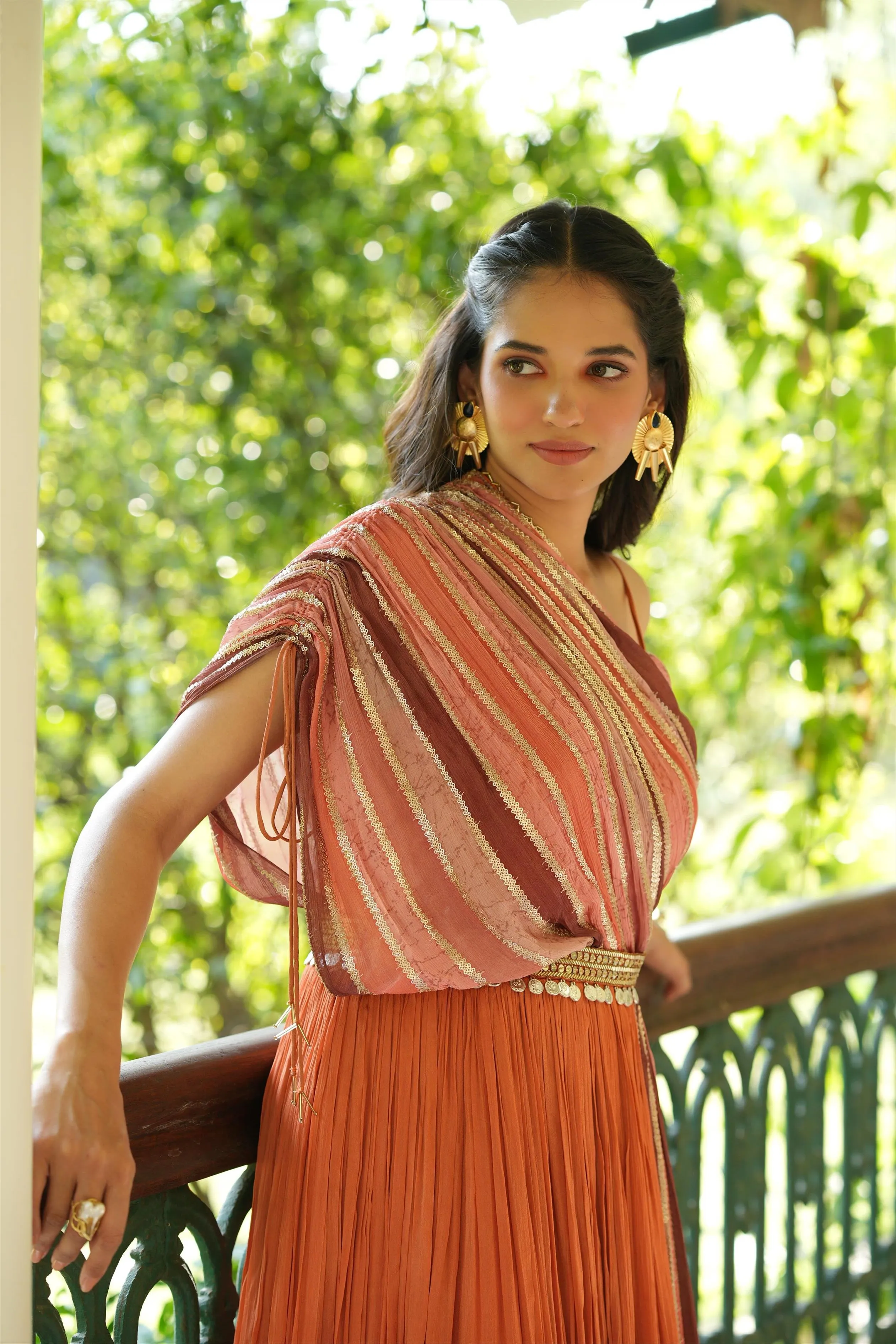 Rust Chinon Silk Sequinned Party Gown With Belt And Attached One-Shoulder Cape & Drape